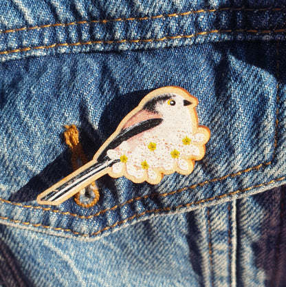 Long Tailed Tits Wooden Brooch Pin